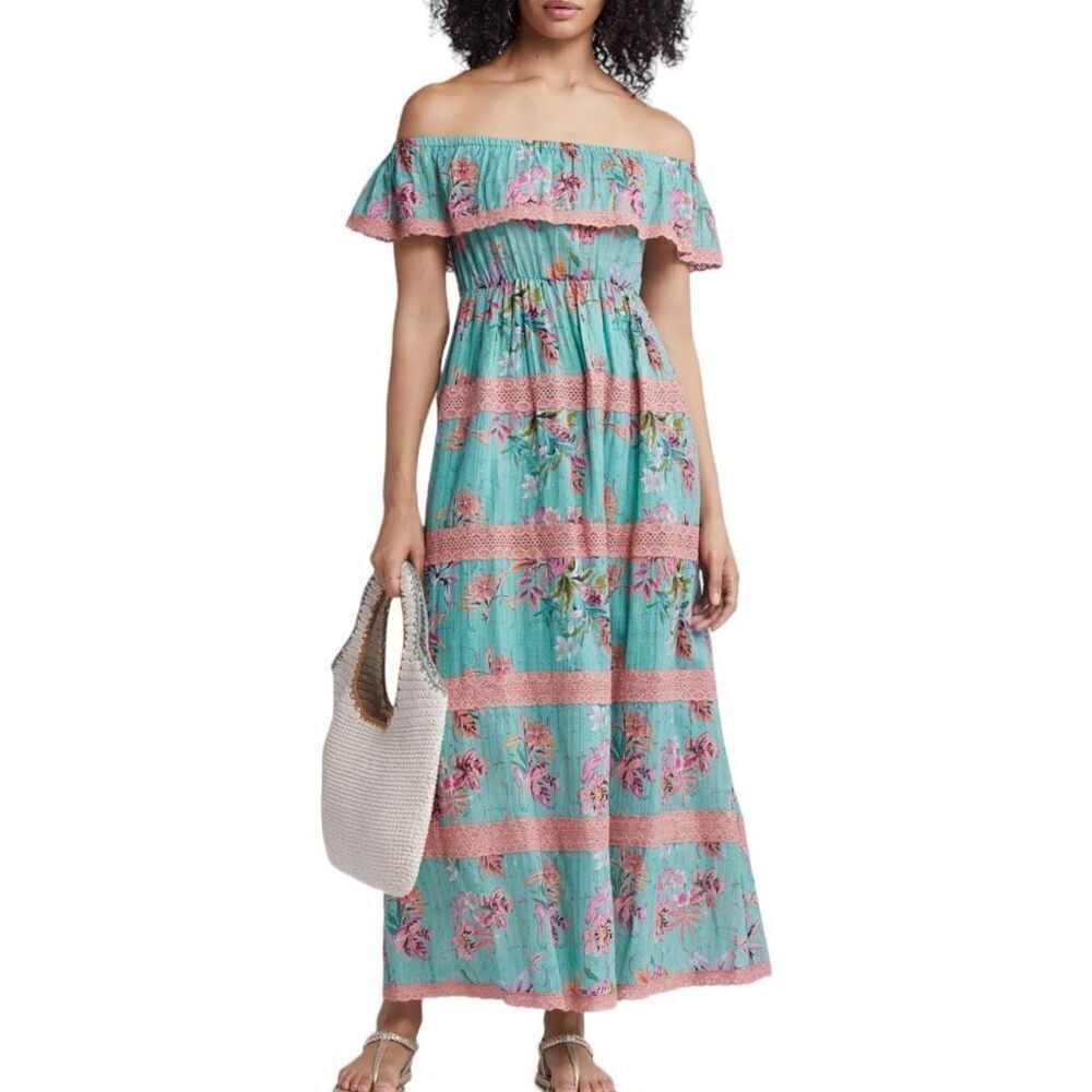 Barok Paris Floral Off The Shoulder Cotton Blend Maxi Dress In Seafoam Size M
